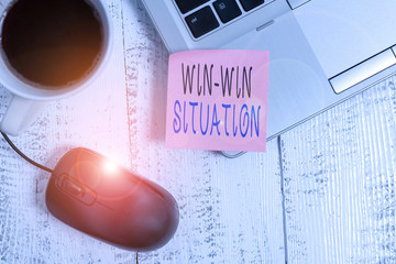 Word writing text Win Win Situation. Business photo showcasing situation where all the parties benefit one way or another Trendy metallic laptop blank sticky note coffee cup mouse lying vintage