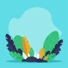 Square floral blue background with colorful plants and leave and with copy space for text. 