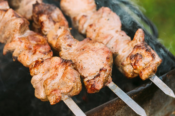 Grilled Barbecue Meat Shashlik Shish Kebab Pork Meat Grilling On Metal Skewer