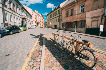 Vilnius, Lithuania. Architecture Of Uzupis Located In Old Town Of Vilnius. District Of Vilniaus Senamiestis. Bicycles Parking In Street