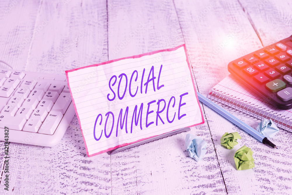 Poster conceptual hand writing showing social commerce. concept meaning uses social networks in the buying 