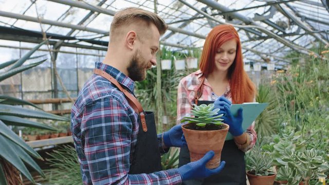 In a large flower greenhouse one guy gardener and pretty lady florist make some notes about every plant from the pot woman writing on the her map. Shot on ARRI Alexa Mini