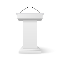 Tribune podium rostrum speech stand. Conference stage with microphone, press or debate speaker isolated orator pulpit - obrazy, fototapety, plakaty
