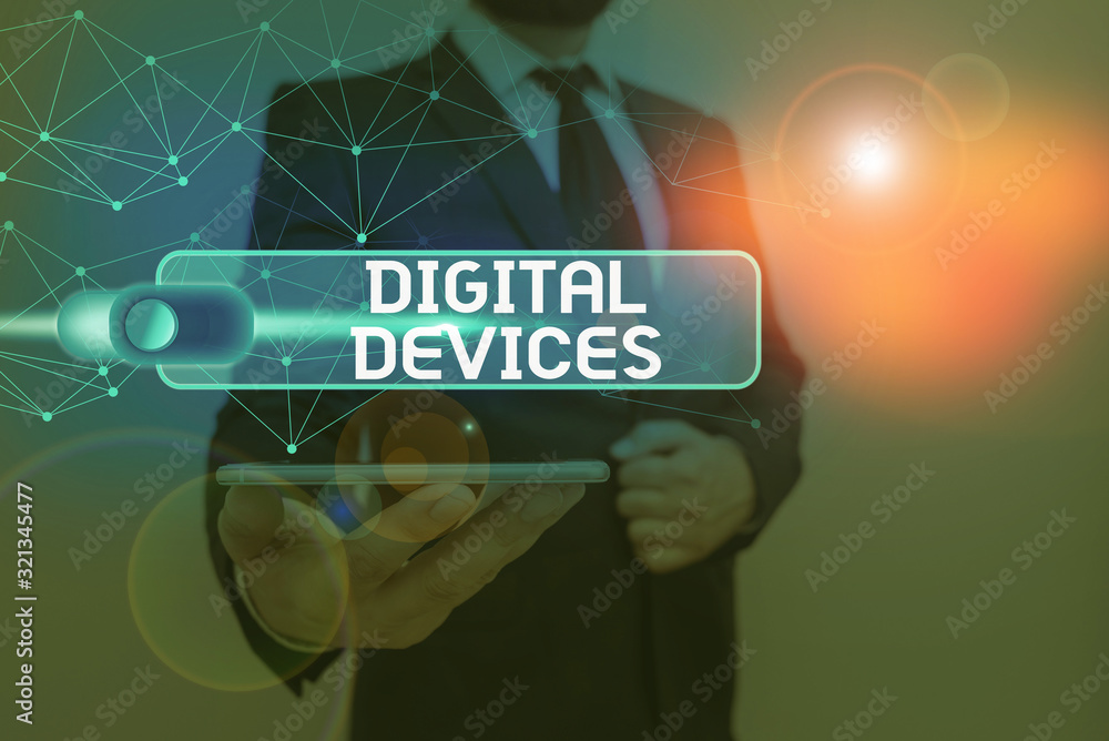 Poster writing note showing digital devices. business concept for physical unit of equipment that contains 