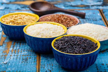 Different types of rice, white basmati, jasmine, arborio, brown and black