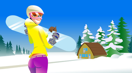 Cartoon style blonde ski girl in sunglasses on mountain background.