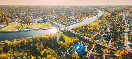 Kobryn, Brest Region, Belarus. Cityscape Skyline In Autumn Sunny Day. Bird's-eye View Of St. Nicholas Church. Famous Historic Landmark