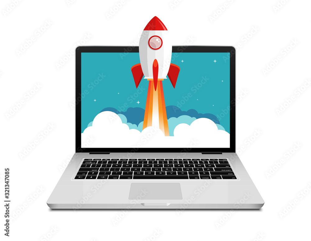 Poster vector rocket launch website computer concept illustration. business start rocket launch