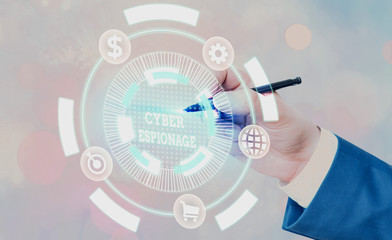 Word writing text Cyber Espionage. Business photo showcasing obtaining secrets and information...