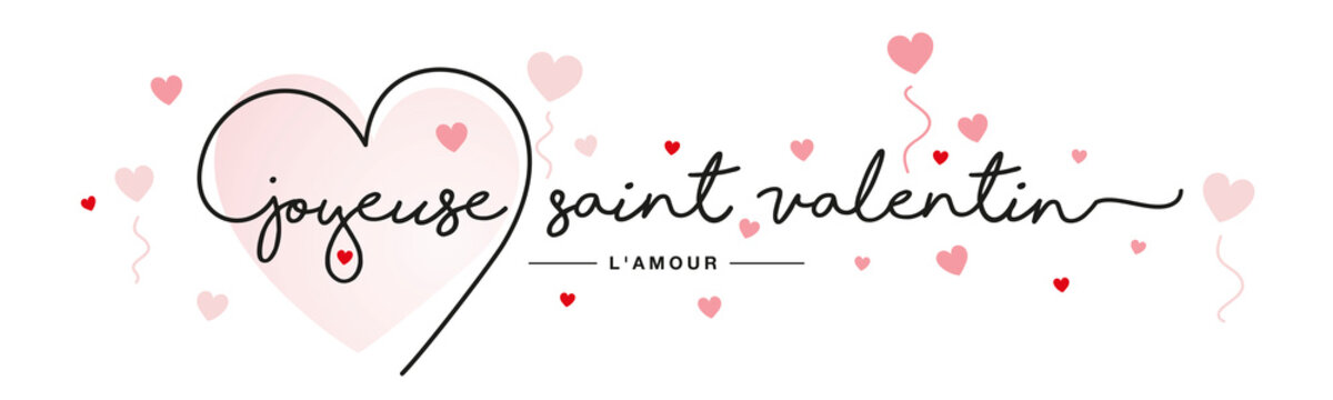 Happy Valentines Day French language handwritten typography lettering line heart red pink hearts white banner