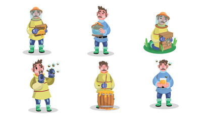 Men beekeepers in special work clothing during job vector illustration