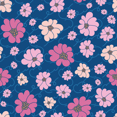 Pink cherry blooms on a classic blue background seamless vector pattern. Springtime girly surface print design. Great for fabrics, stationery and packaging.