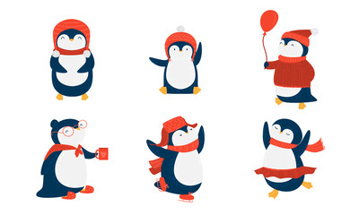 Pinguins in scarfs and hats doing casual things vector illustration