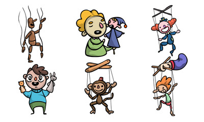Set of puppets, wooden marionettes and puppet masters vector illustration