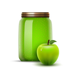 Glass jar apple jam vector fruit. Bottle jelly juice package mockup food