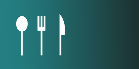 White cutlery, spoon, fork and knife on turquise background
