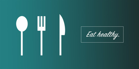 White cutlery, spoon, fork and knife on turquise background