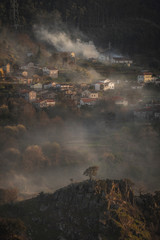 Portugal árvore isolada na montanha em dia de nevoeiro e aldeia atrás