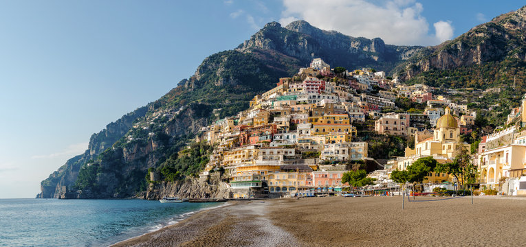 View of Positano from Beach - Amalfi coast, Naples, Italy	