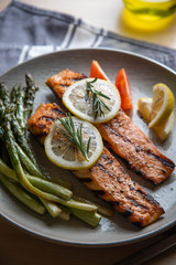 grilled salmon fillet on plate with asparagus
