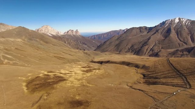 Flight in mountains. Beautiful view of mountain rocks, nature of the North Caucasus