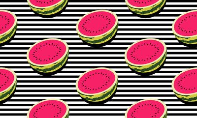 Seamless background with black and white stripes and watermelons cut in halves, with dark shadow. Vector fruit design for pattern or template.