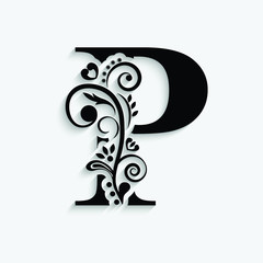 letter P. Black flower alphabet.  Beautiful capital letters with shadow