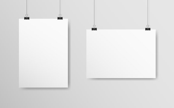 Empty white mockup set. Poster A4 hanging on a gray wall. White paper with soft shadow. Realistic banner on a rope. Horizontal and vertical template. Vector illustration