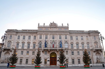 Trieste / Italy - January &lrm;13, &lrm;2020: view of the Lloyd Triestino building in Unit&agrave; d'Italia square