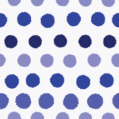 Vector seamless pattern, pom pom, bobble, dots in different blue shades in a rows. Repeating pattern.