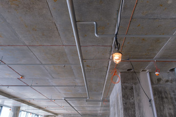 Fire protection system, sprinkler fire pipeline installation under ceiling.