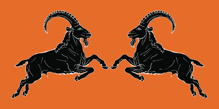 two Capricorns jump towards each other, a vector isolated image on an orange background in the style of an ancient Greek black figurine on ceramics. Classic ancient Greek style