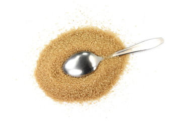 Closeup pile brown sugar in a metal spoon isolated on white background.