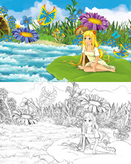 Obraz na płótnie Canvas cartoon beautiful girl in the stream near some meadow with a wild butterfly with sketch illustration