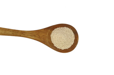 Instant yeast isolated on white. Dry yeast in wooden spoon on white background