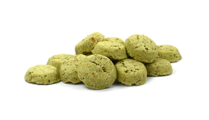 Green Mint chip cookies on white background. Biscuits with whole-wheat (wholemeal) flour with mint.
