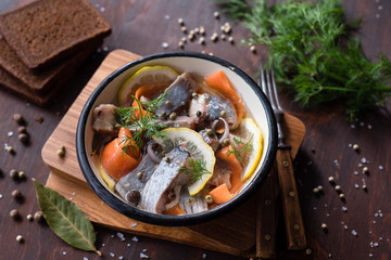 Marinated or Pickled Herring with Spices, Vegetables and Lemon