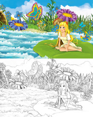Obraz na płótnie Canvas cartoon beautiful girl in the stream near some meadow with a wild butterfly with sketch illustration