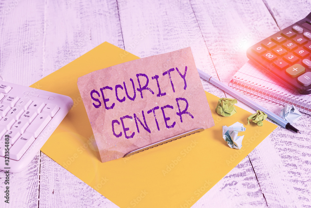 Poster writing note showing security center. business concept for centralized unit that deals with security