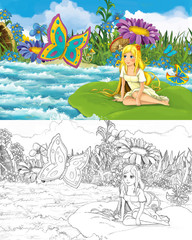 Obraz na płótnie Canvas cartoon girl in the stream near some meadow with a wild rat or mouse with sketch illustration
