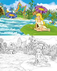 Obraz na płótnie Canvas cartoon girl in the stream near some meadow with a wild rat or mouse with sketch illustration