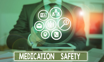 Handwriting text Medication Safety. Conceptual photo freedom from preventable harm with medication...