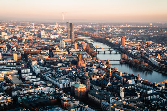 View from Main-Tower viewpoint at sunset from Frakfurt, Germany.