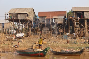 Traditional village life near the river in the countryside in Cambodia