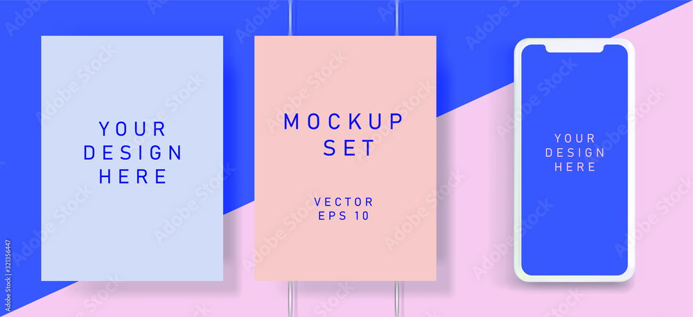 Aufkleber flat lay of blank posters in pastel color tones with drop shadows. realistic mock up template for pr