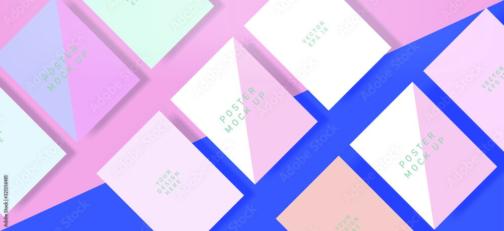 Poster flat lay of blank posters in pastel color tones with drop shadows. realistic mock up template for pr