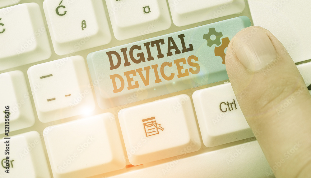 Poster writing note showing digital devices. business concept for physical unit of equipment that contains 