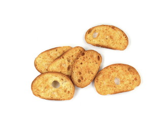 Sliced bruschetta on white background. Crusty bread bruschetta.