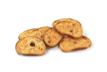 Sliced bruschetta on white background. Crusty bread bruschetta.