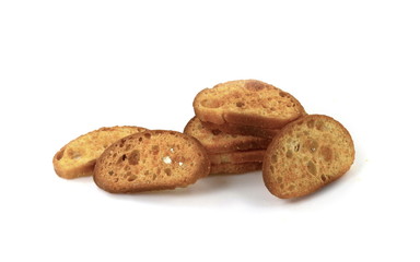 Sliced bruschetta on white background. Crusty bread bruschetta.
